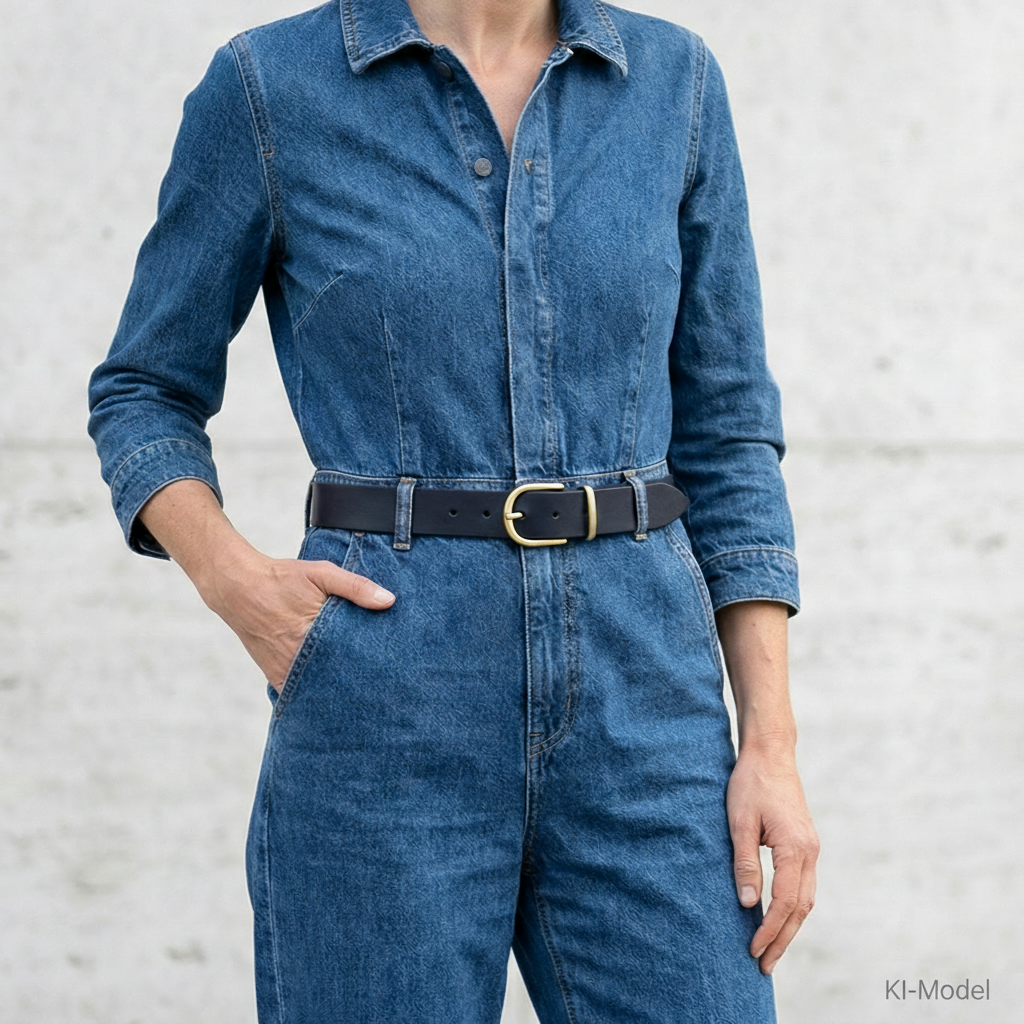 Weicher Jeansgürtel für Damen, Ledergürtel „Antonia" in Blau, 3,5cm breit, helle Gold-Schnalle Satiniert