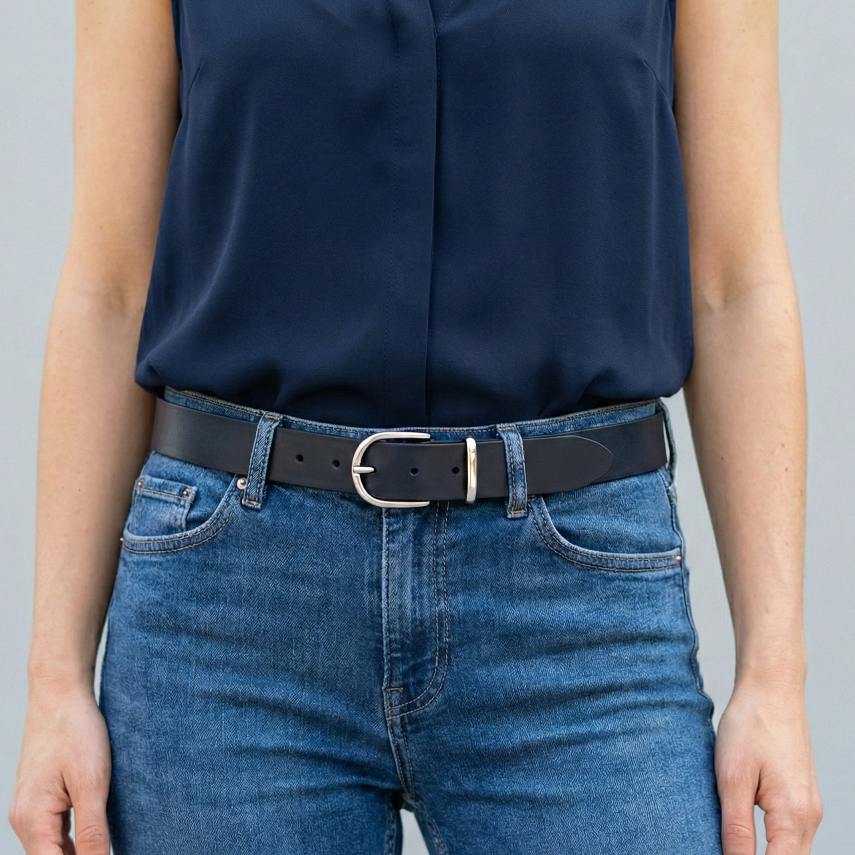 Weicher Jeansgurtel für Damen, Ledergürtel „Antonia" in Blau, 3,5cm breit, Silber-Schnalle