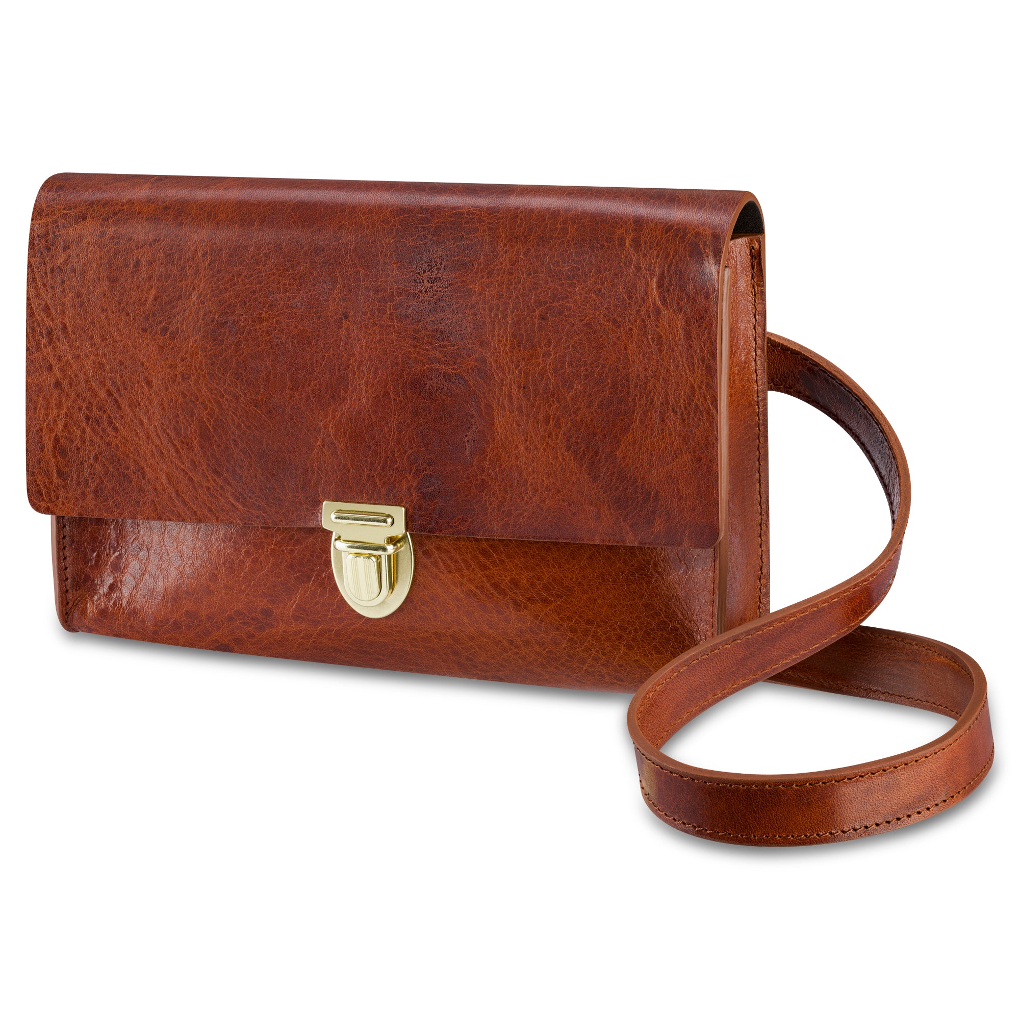 Crossbody Damen Handtasche aus Leder in Cognac im Vintage Look mit hochwertigem Messing Steckverschluss