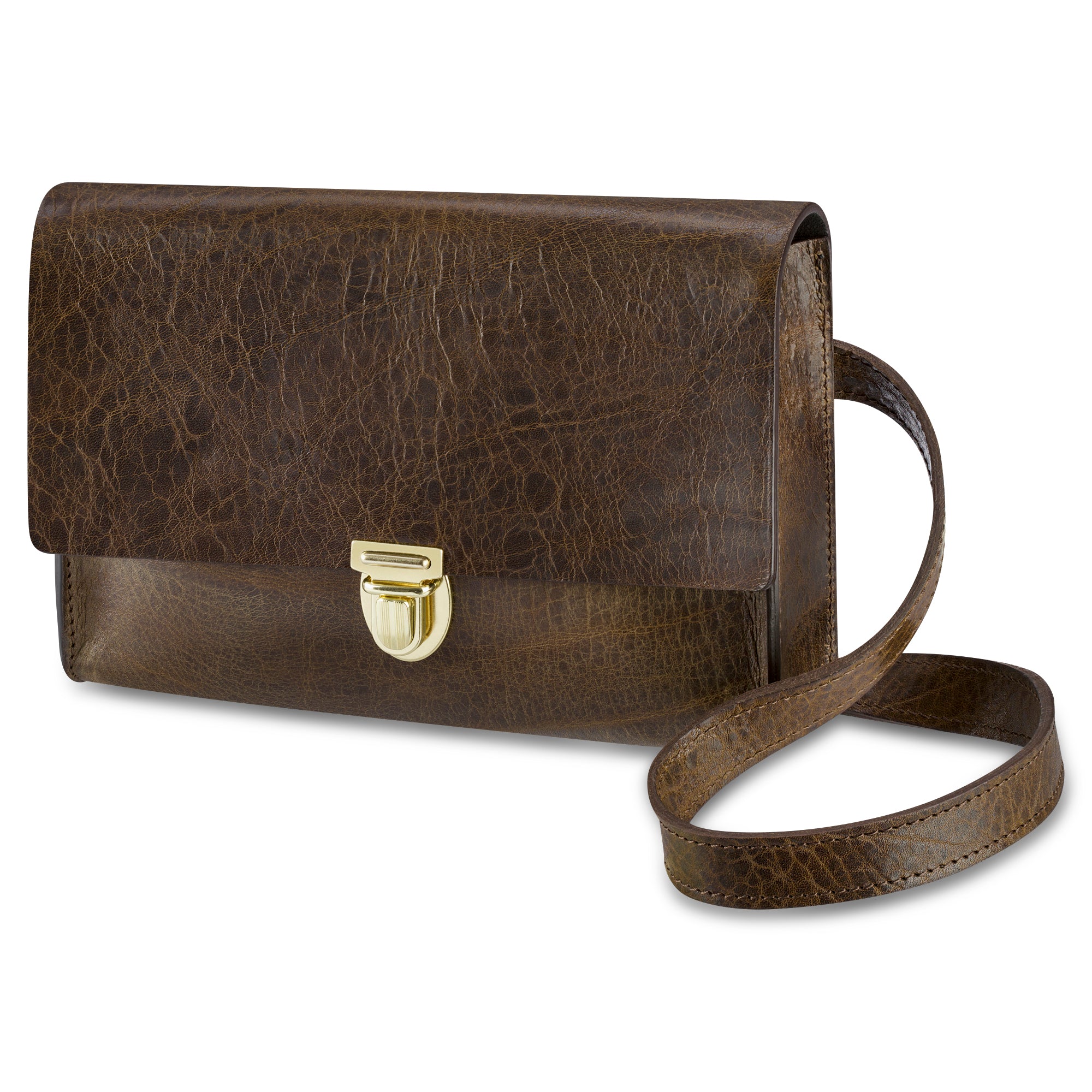 Crossbody Damen Handtasche aus Leder in Oliv im Vintage Look mit hochwertigem Messing Steckverschluss