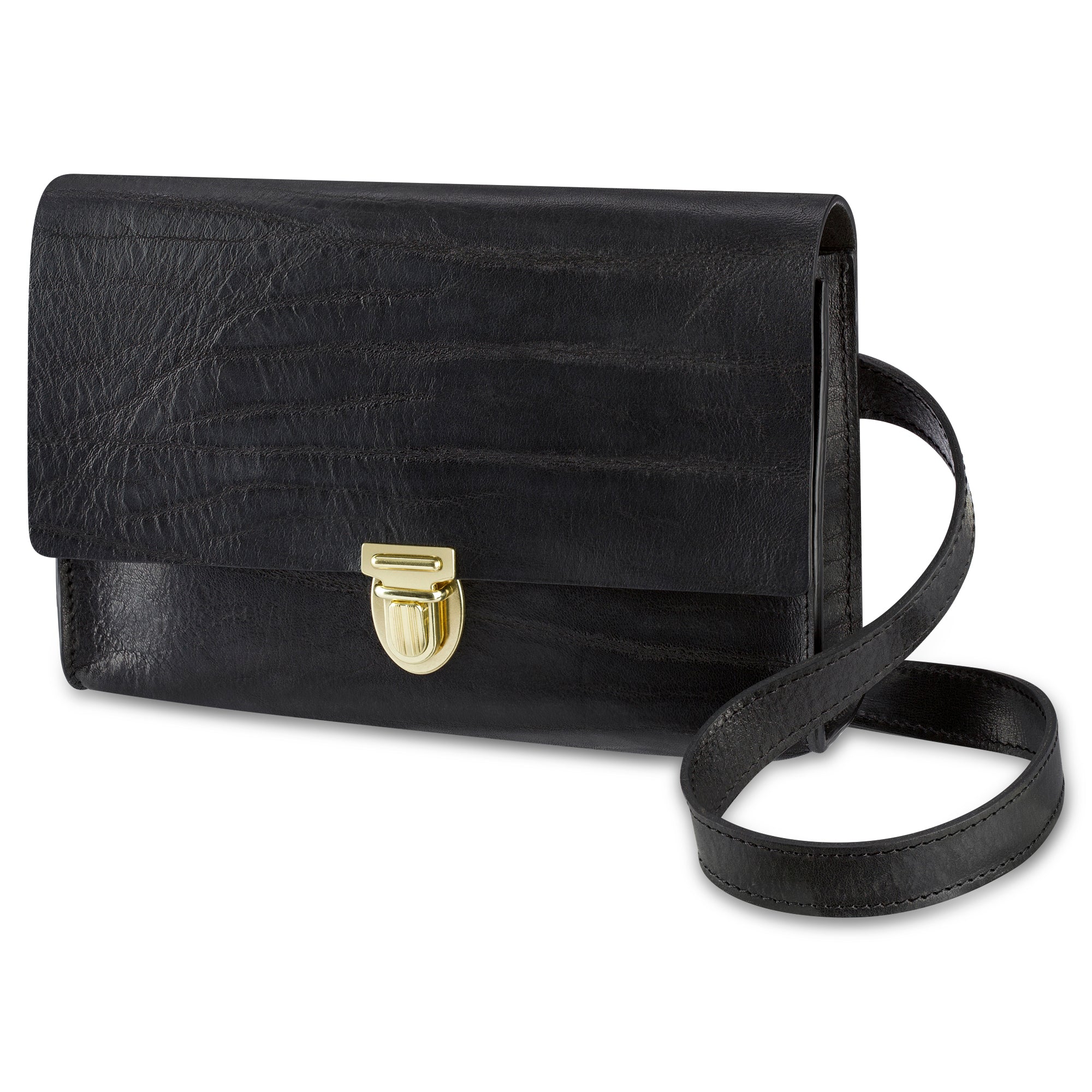 Crossbody Damen Handtasche aus Leder in Schwarz im Vintage Look mit hochwertigem Messing Steckverschluss