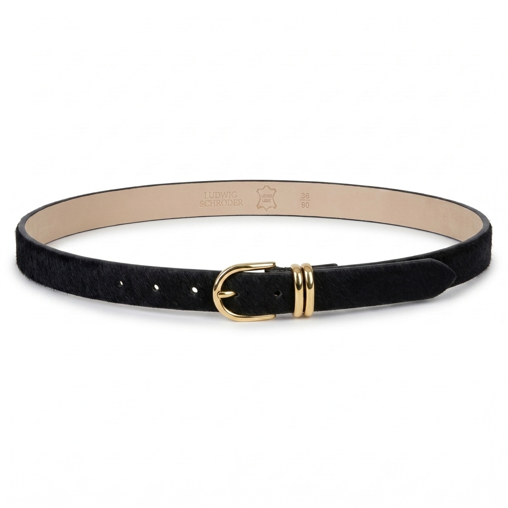 Damen Fell-Gürtel „Emi" – Kuhfell Gürtel "Schwarz" mit goldener Schnalle, 2,5 cm schmaler Ledergürtel für Damen