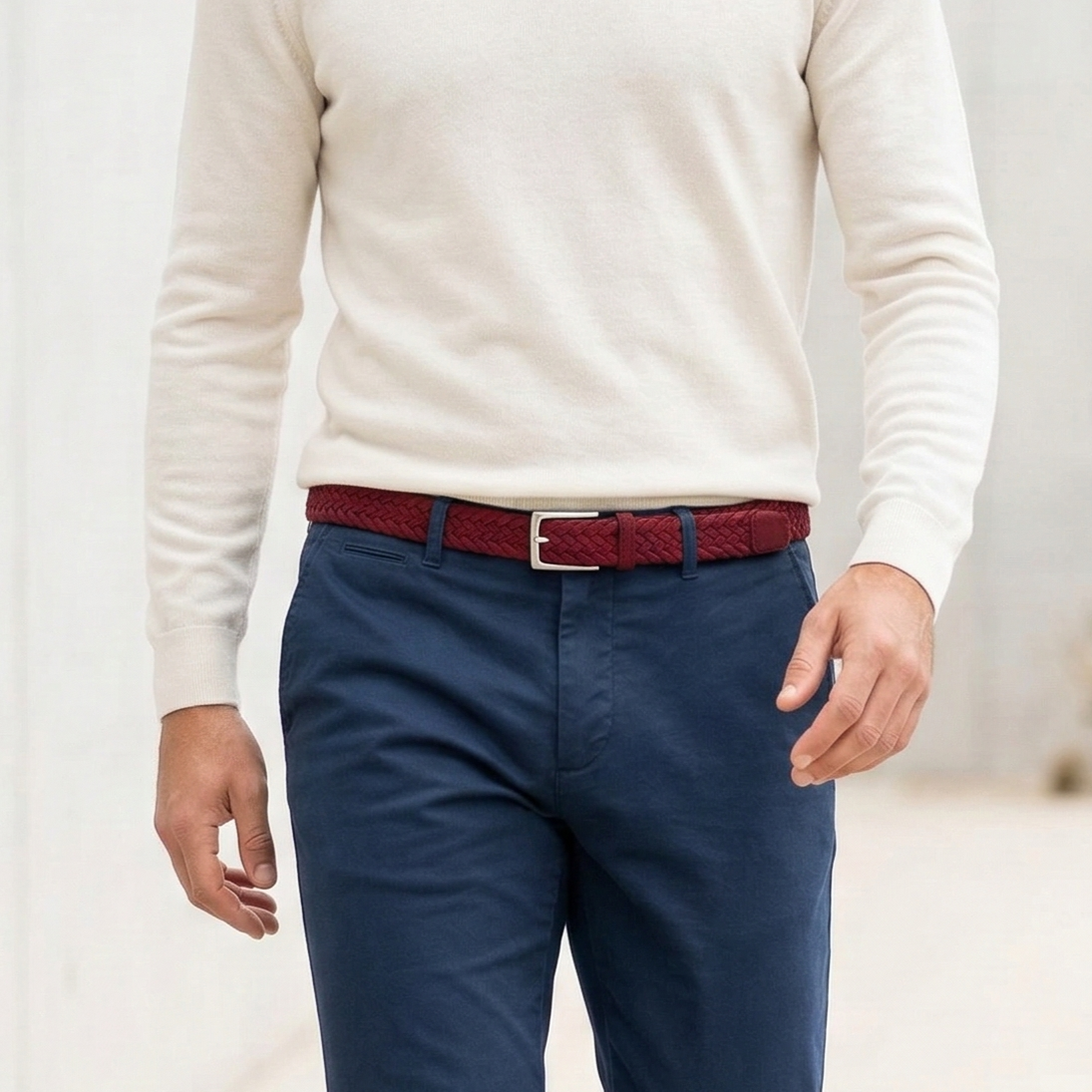 Leichter Herren Flechtgürtel aus Veloursleder: „Francesco“ in Rot – 3,5 cm breit