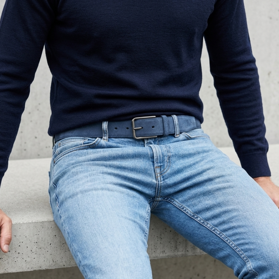 Herren Wildleder-Gürtel „Giovanni" in Jeansblau – Veloursleder, 3,5 cm breit, handgefertigt