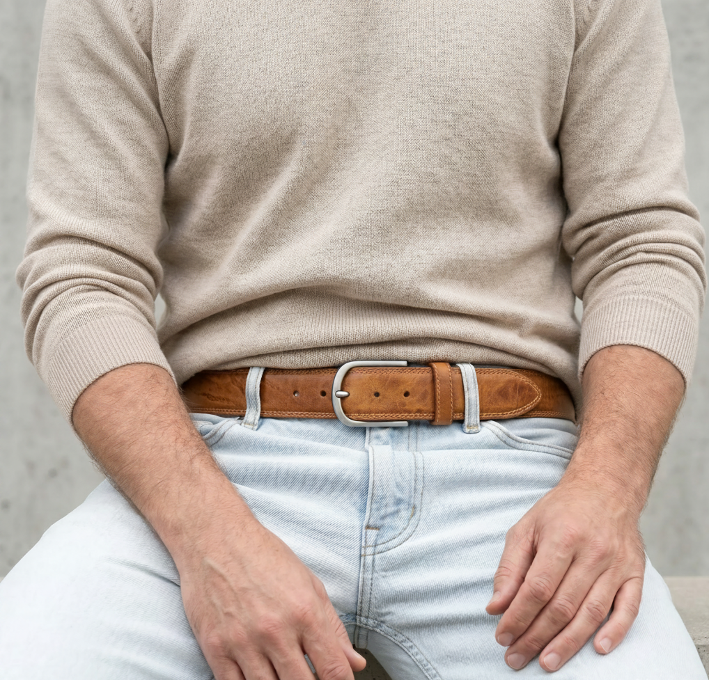 „Gregory“ der authentische Herren Ledergürtel Naturell – 4 cm breit, "superbombiert", mit Edelstahl-Schnalle