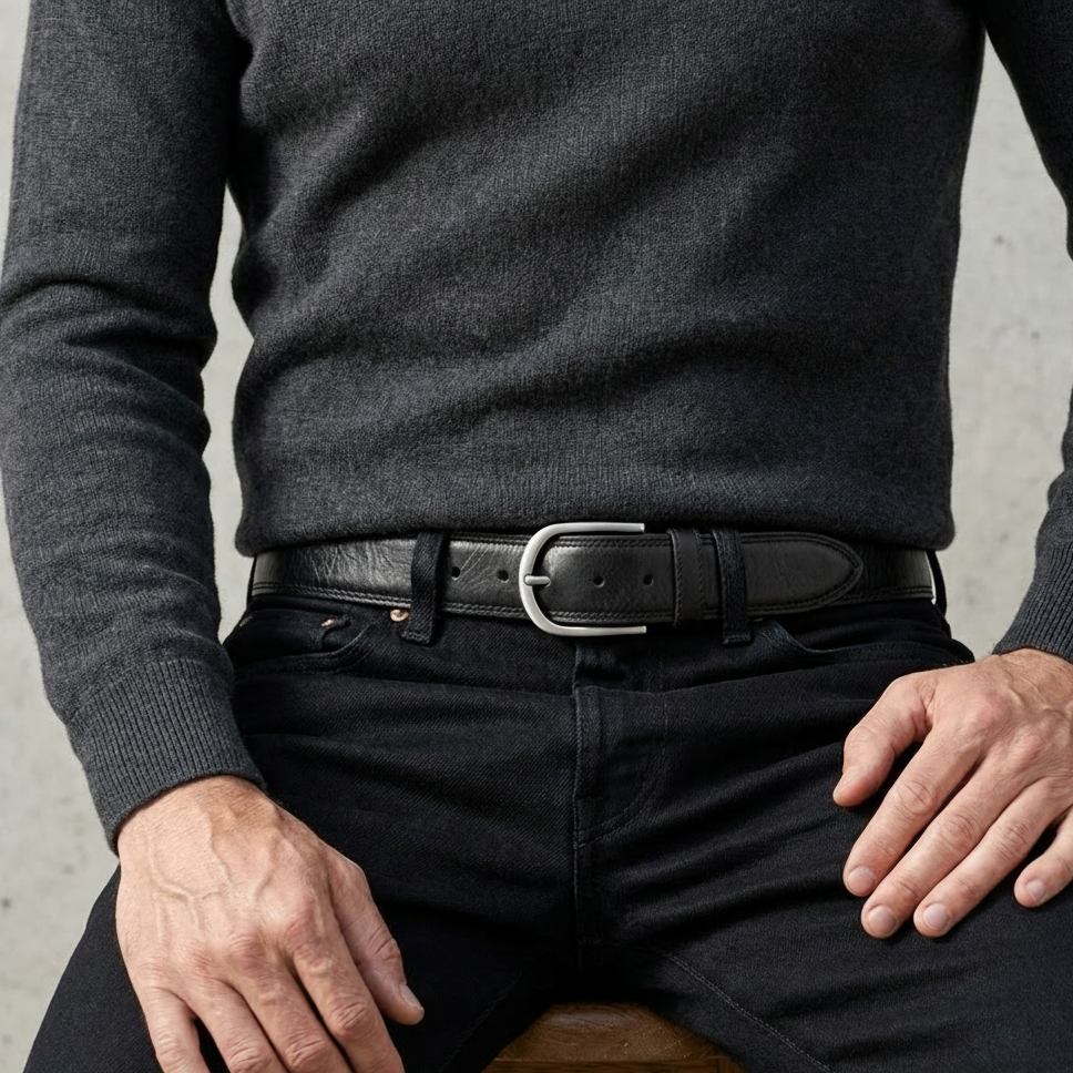 „Gregory“ der authentische Herren Ledergürtel in Schwarz – 4 cm breit, "superbombiert", mit Edelstahl-Schnalle