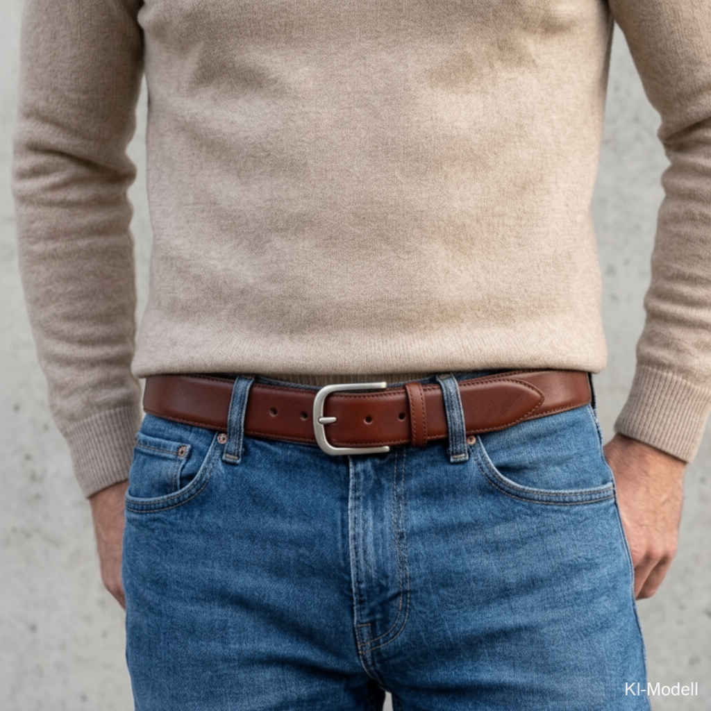 Lebenslang-Gürtel: nachhaltiger Herren Ledergürtel in Cognac: „Hannes“ – 4 cm breit, edler Jeansgürtel mit massiver Edelstahlschnalle