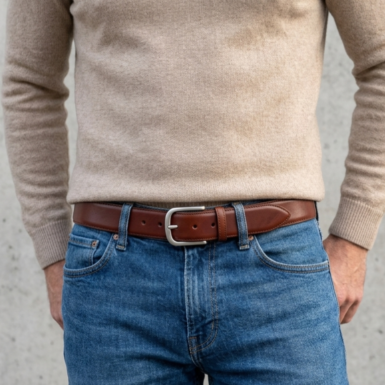 Lebenslang-Gürtel: nachhaltiger Herren Ledergürtel in Cognac: „Hannes“ – 4 cm breit, edler Jeansgürtel mit massiver Edelstahlschnalle