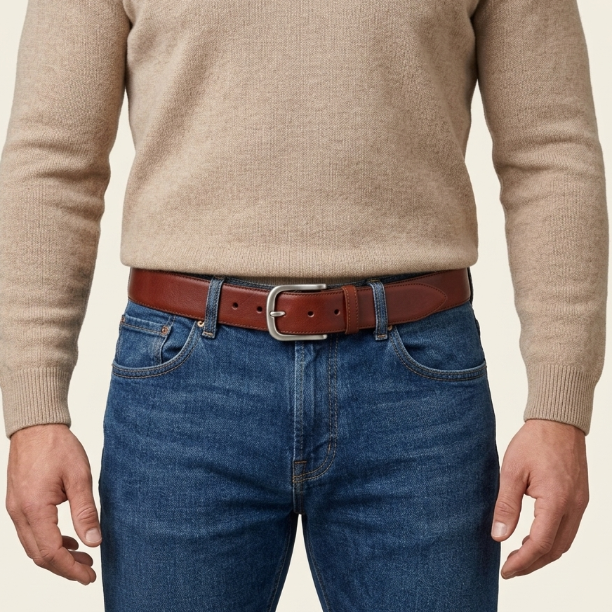 Lebenslang-Gürtel: nachhaltiger Herren Ledergürtel in Cognac: „Hannes“ – 4 cm breit, edler Jeansgürtel mit massiver Edelstahlschnalle