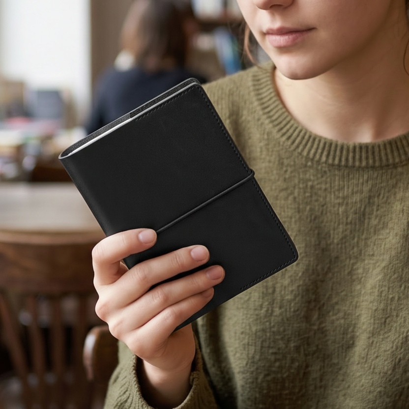 DIN A6 Leder Notizbuch „Helmut“ in Schwarz