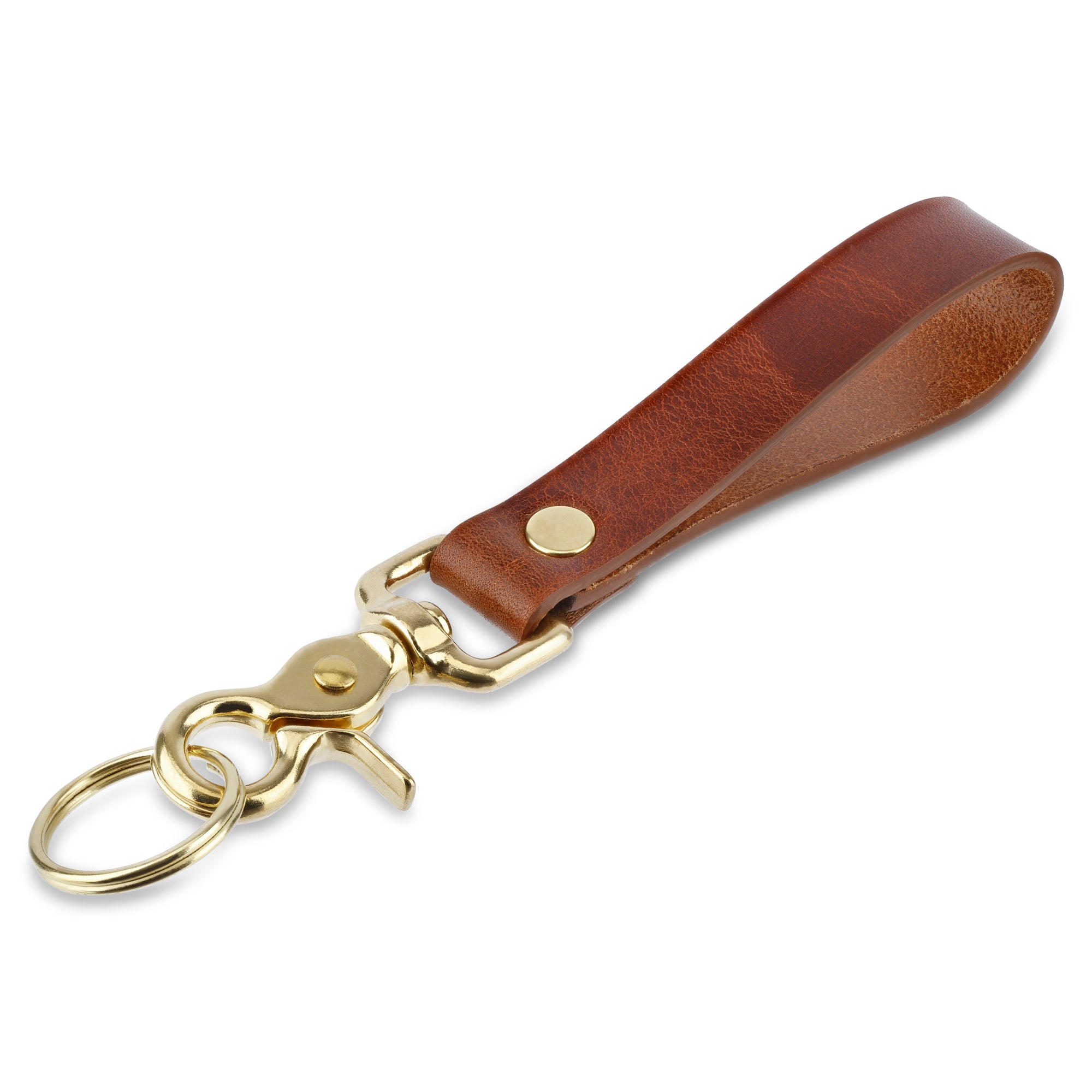 Schlüsselanhänger Schlaufe aus Leder in cognac mit Messingkarabiner und Messing Schlüsselring, genietet